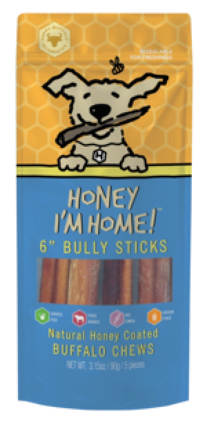 Honey I'm Home! 6" Bully Sticks Natural Honey Coated Buffalo Chews