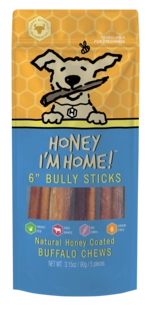 Honey I'm Home! 6" Bully Sticks Natural Honey Coated Buffalo Chews