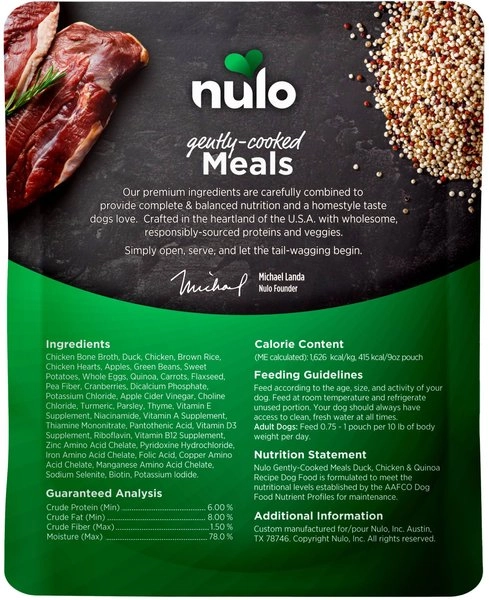 Nulo Gently-Cooked Meals Duck, Chicken & Quinoa Recipe Wet Dog Food Pouch