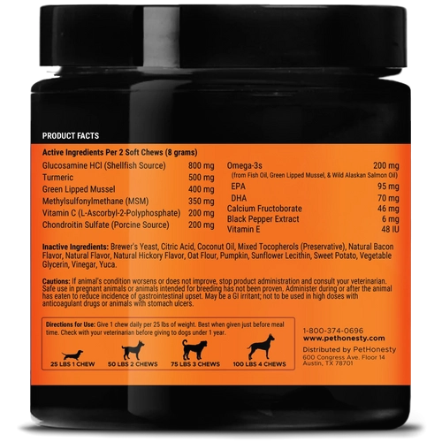 Pet Honesty Hip   Joint Health Max Strength Bacon Flavor for Dogs