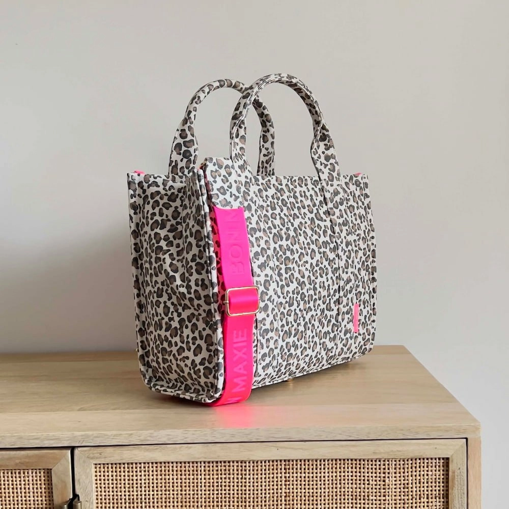 Small Bon Vivant Structured Tote Bag -- Leopard/Neon Pink