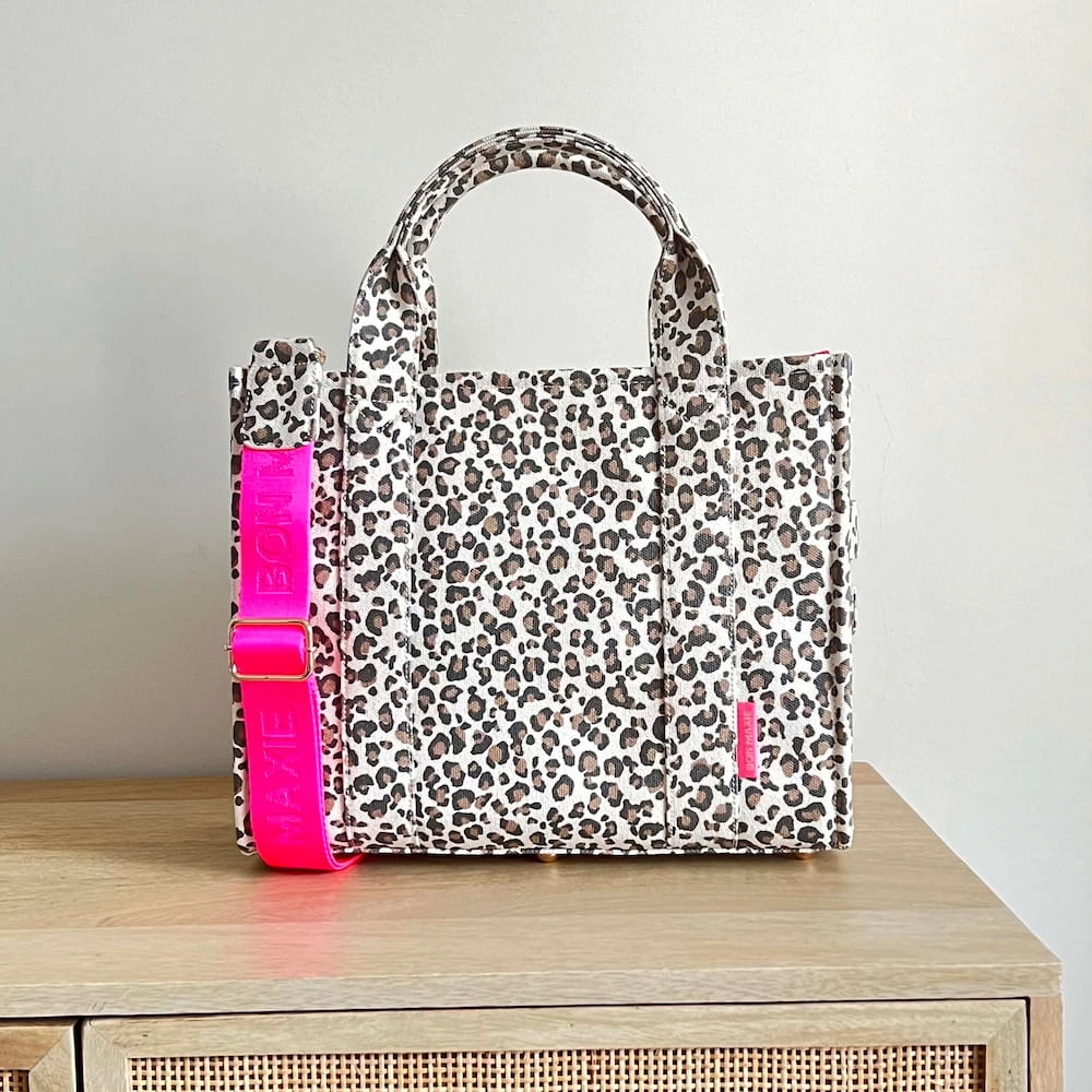Small Bon Vivant Structured Tote Bag -- Leopard/Neon Pink