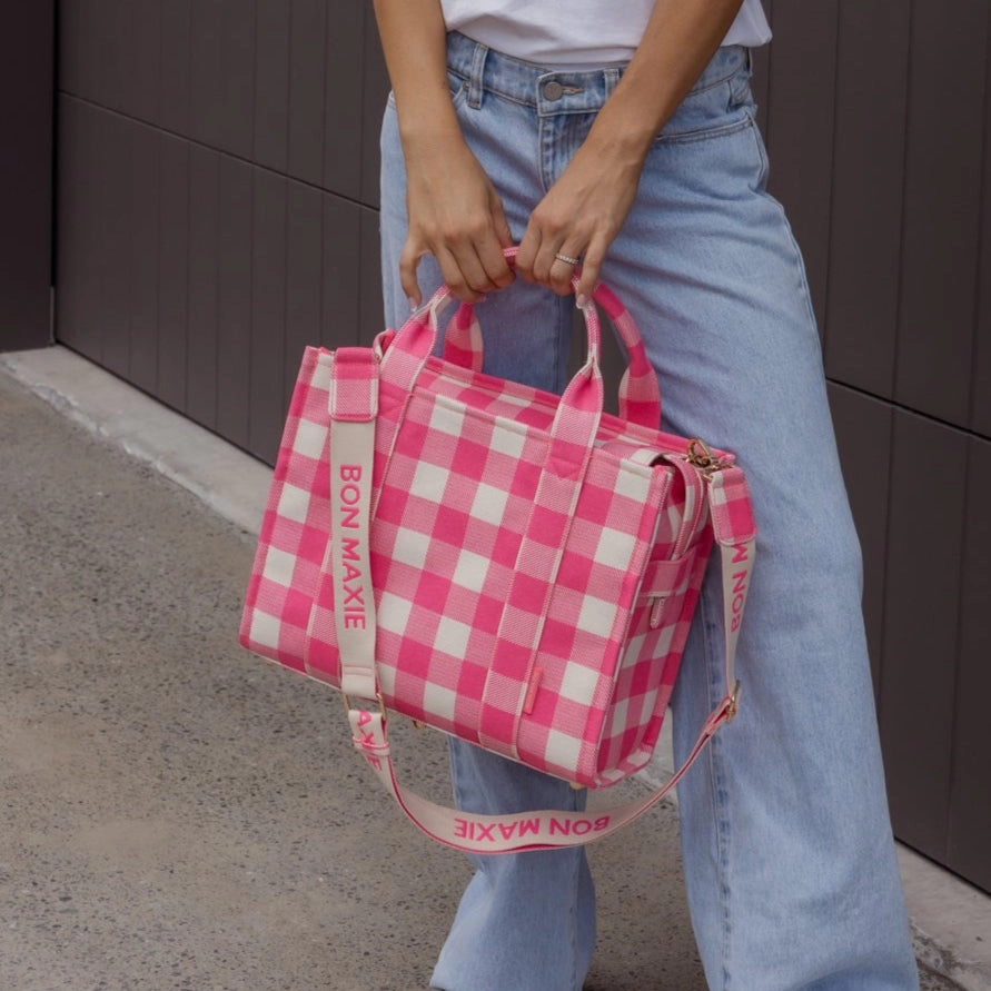 Small Bon Vivant Structured Tote Bag -- Neon Pink Gingham