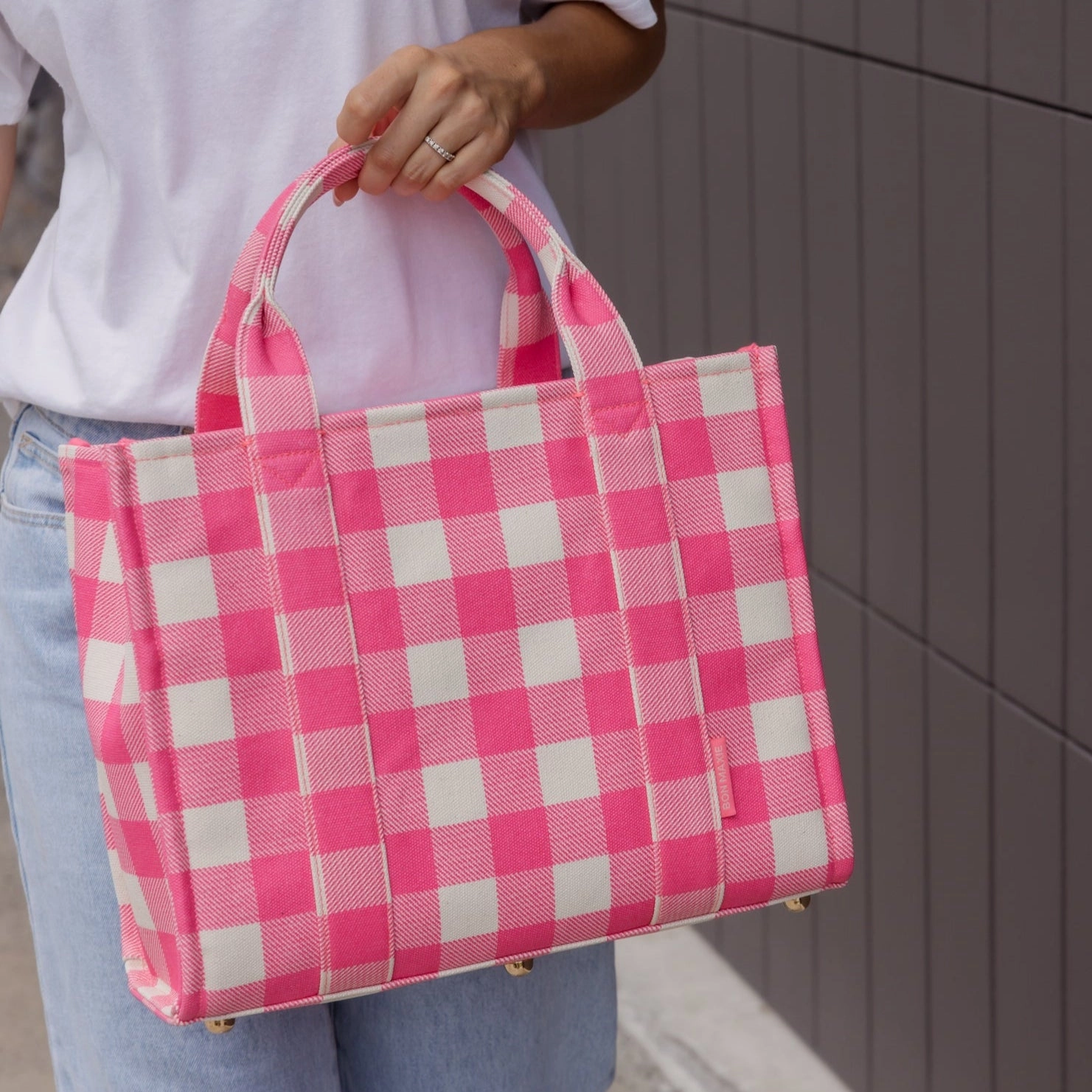 Small Bon Vivant Structured Tote Bag -- Neon Pink Gingham