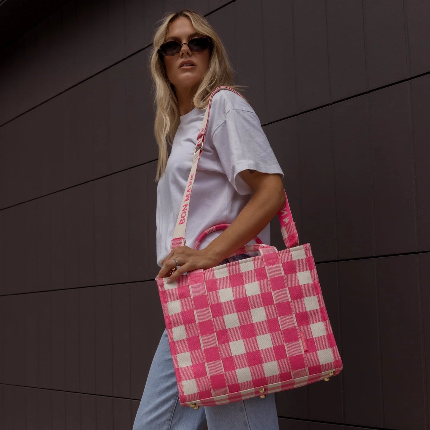 Small Bon Vivant Structured Tote Bag -- Neon Pink Gingham
