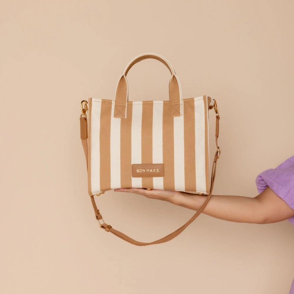 Small Structured Tote Bag -- Tan Stripe