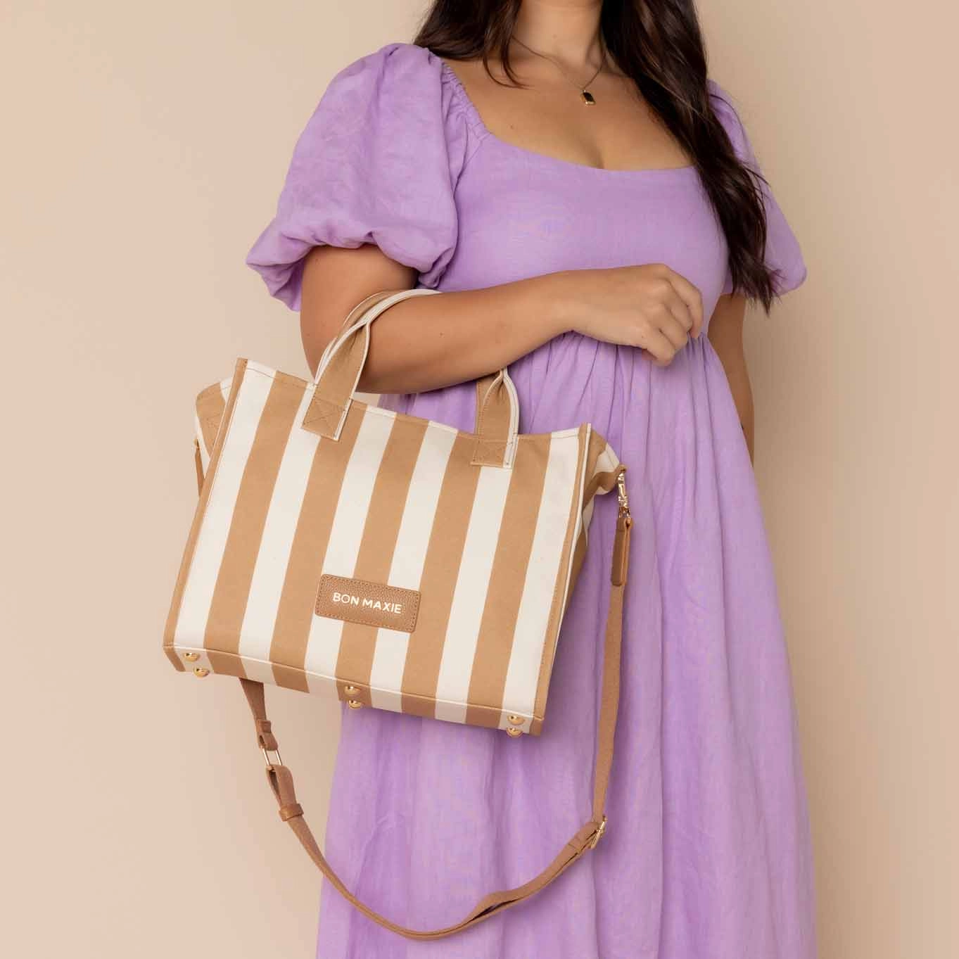 Small Structured Tote Bag -- Tan Stripe