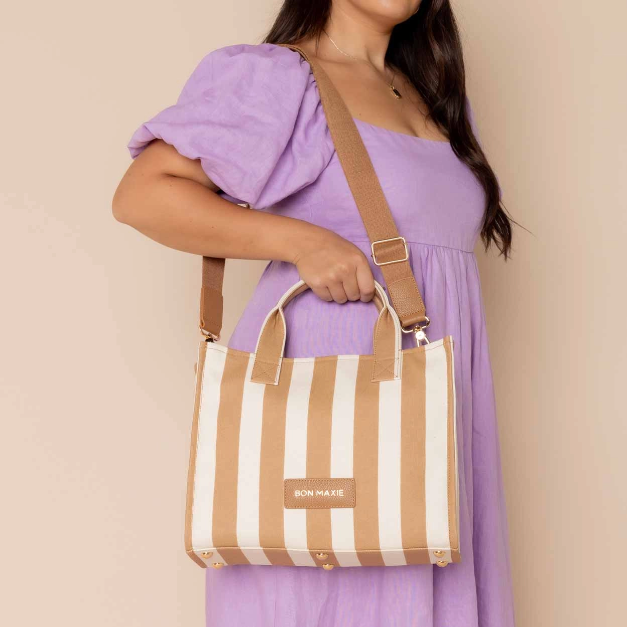Small Structured Tote Bag -- Tan Stripe