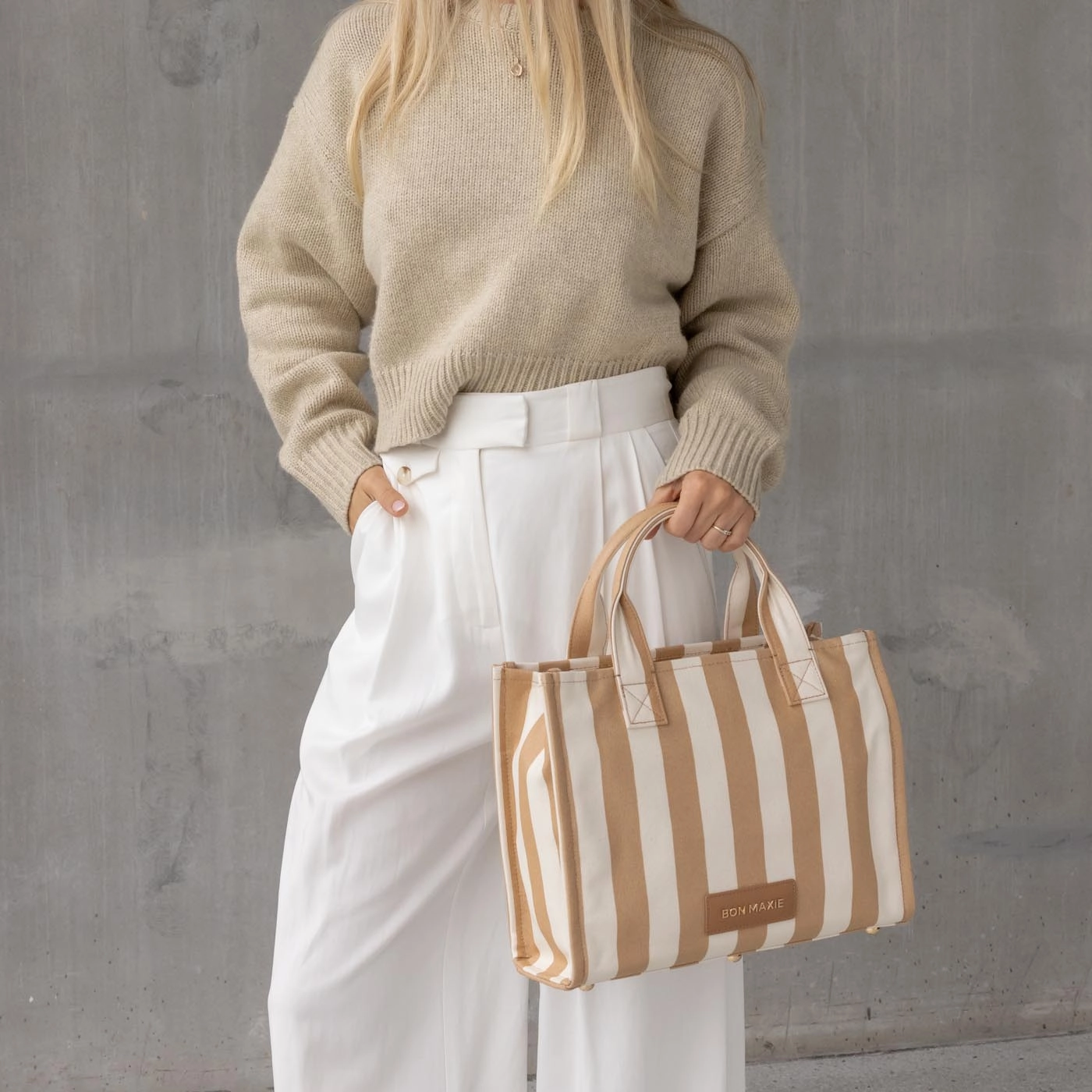 Small Structured Tote Bag -- Tan Stripe