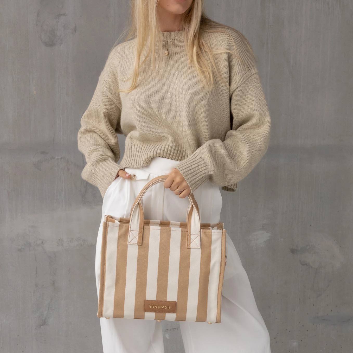 Small Structured Tote Bag -- Tan Stripe